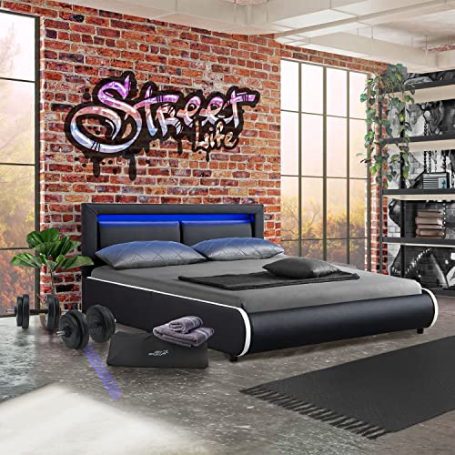 Juskys-Polsterbett-Murcia-140-x-200-cm--Bett-mit-LED-Lattenrost-Kopfteil-Kunstleder--Bettgestell-gepolstert-gemuetlich-modern-schwarz