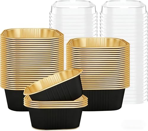 ACEmedia 50 Pcs 10 oz Baking Cups Aluminum Foil Cupcake Cups with Lids Square 180 ml Cake Pan for Desserts Flans, Creme Crisp Cups, Pudding Jello Cups, Catering Party Black Gold