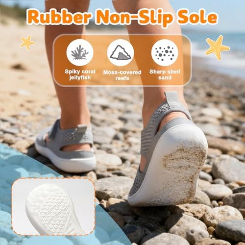 JOINFREE Toddler Water Shoes Boys Girls Wide Toe Box Barefoot Kids Sandals Quick-Dry Mesh Aqua Sneakers Non-Slip Closed Toe Beach Pool Splash Pad Walking Shoes for Kid Grey 7 Toddler