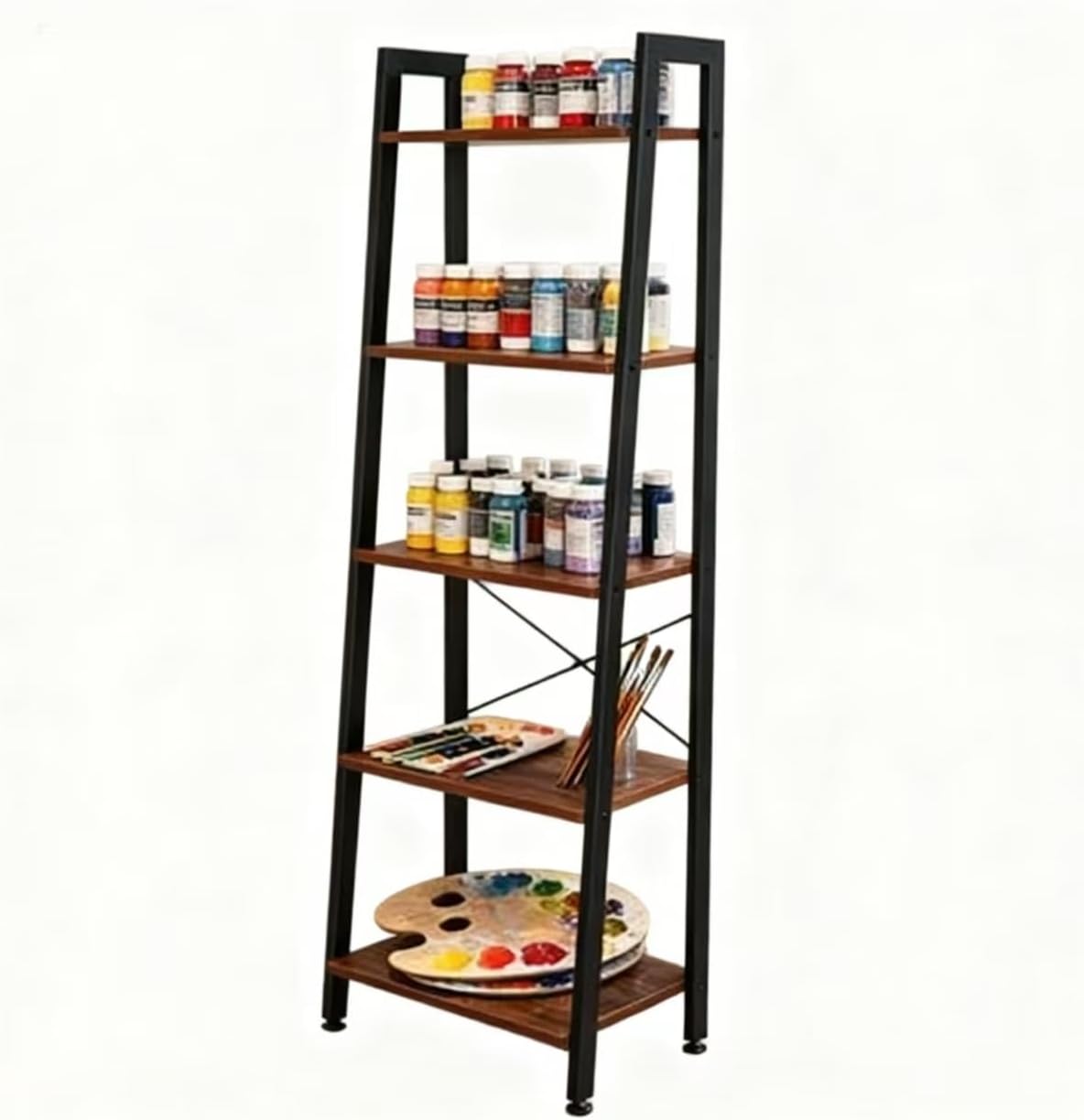 Industrial 5-Tier Ladder Shelves - Steel Frame Ladder Bookcase with X-Brace Support, Multi-Functional Display Unit for Home Office Study Living Room Bedroom