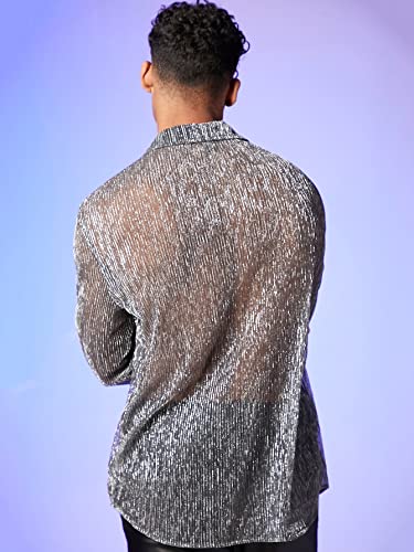 WDIRARA Men's Sheer Mesh See Through Glitter Button Front Long Sleeve Shirt Tops2