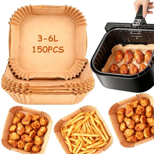 Tbintul 120 pezzi di carta forno per friggitrice ad aria (3-6L), 16-21cm carta quadrata in teglia, antiaderente impermeabile antiolio, carta da forno