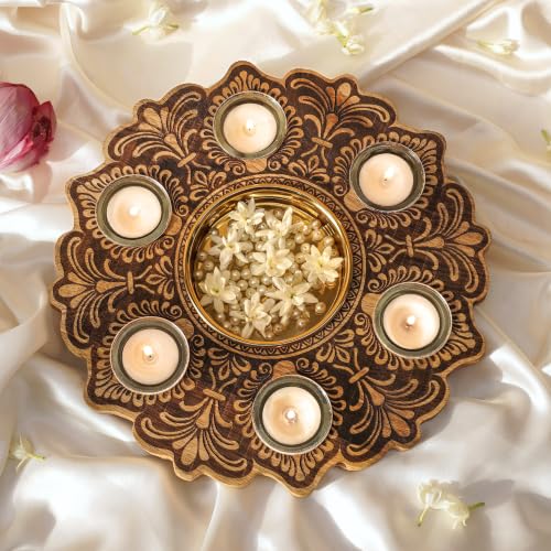 Image of BEHOMA Wooden Urli Bowl with 6 Tea Lights, Natural Wood, 12 inch | Natural wood mandala urli with 6 tea lights; ideal centerpiece for Diwali, rangoli & festive gifting.