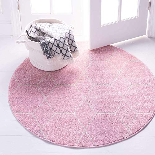 Trellis Frieze Area Rug - Geometric Round 7' (Light Pink/Ivory)