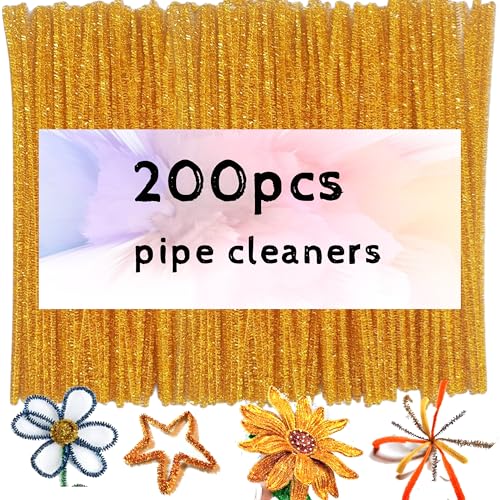 200pcs Pipe Cleaners, Glitter Gold Pipe Cleaners Craft Supplies,Thick Chenille Stems Fuzzy Wire Sticks Holiday Decorations and School Supplies