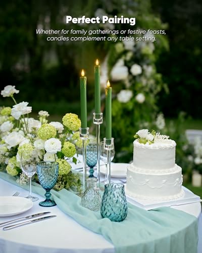 Image of Homemory 3 Pcs Waxy Green Flameless Taper Candles with Remote Timer, LED Fake Candlesticks, 9.6 Inches Battery Tall Candle with 3D Flickering Flame for Wedding, Dinner, Christmas Anniversary Decor