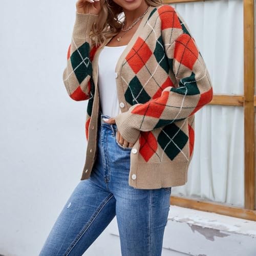 Image of Women's Long Sleeve Cardigan Sweater,Cute Y2K Top Knit Colorful Patterned V Neck Button Outwear S~XL