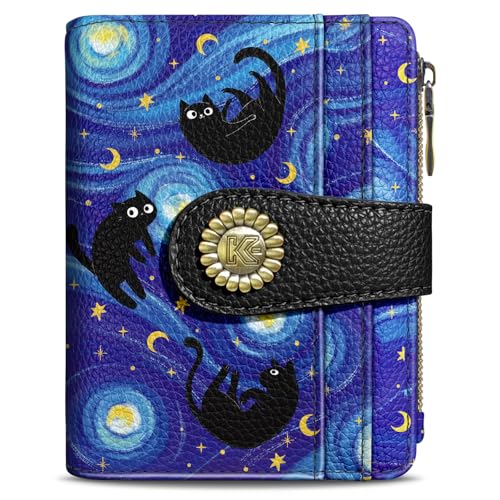 Kelvoris Black Cat Bohemian Vintage Small Rfid Women Wallet Bifold Zipper Coin Pocket PU Leather Compact Cash Credit Card Holder Travel Wallet for Female Ladies Teen Girls 1 ID Window 10 Card Slots