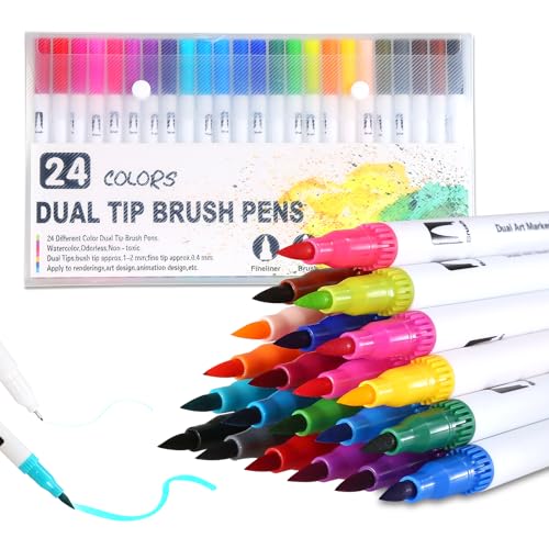 CRESZZLE Dual Filzstifte Set: Filzstifte 24 Farben, Filzstifte Für Erwachsene, Brush Pen Set,Pinselstifte, Filzstifte Kinder – Malbücher, Handlettering, Manga, Kalligraphie.