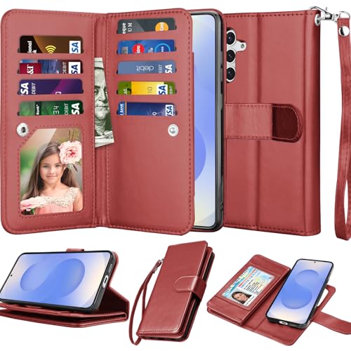NJJEX Compatible with Samsung Galaxy S25 Wallet Case, 9 Card Slots Wine Red