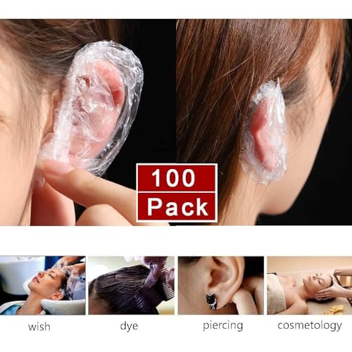 Image of 100 Pcs Waterproof Disposable Ear Cover Caps | Transparent Elastic Ear Protector for Hair Colour Shower Bathing | Salon Home Use | Ear Shield for Piercing Wound Care | Unisex Free Size (Clear)