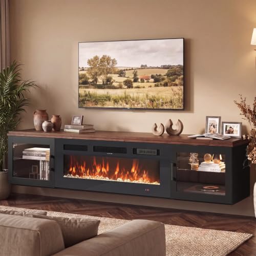 Image of 70 inch Floating TV Stand with Fireplace, High Gloss Finish Wall Mounted Fireplace Entertainment Center with Storage for TVs Up to 80 inch, Brown & Black and WI-FI Enabled
