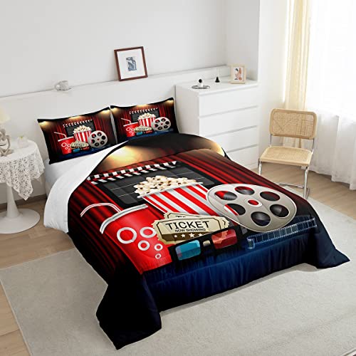 Homewish Vintage Cinema Ticket Full Size Comforter Set,Movie Theater Theme Bedding Set For Adults Teens,Children Filmstrip Comforter Luxury Popcorn Quilt Set Room Decor 3Pcs #TOP1