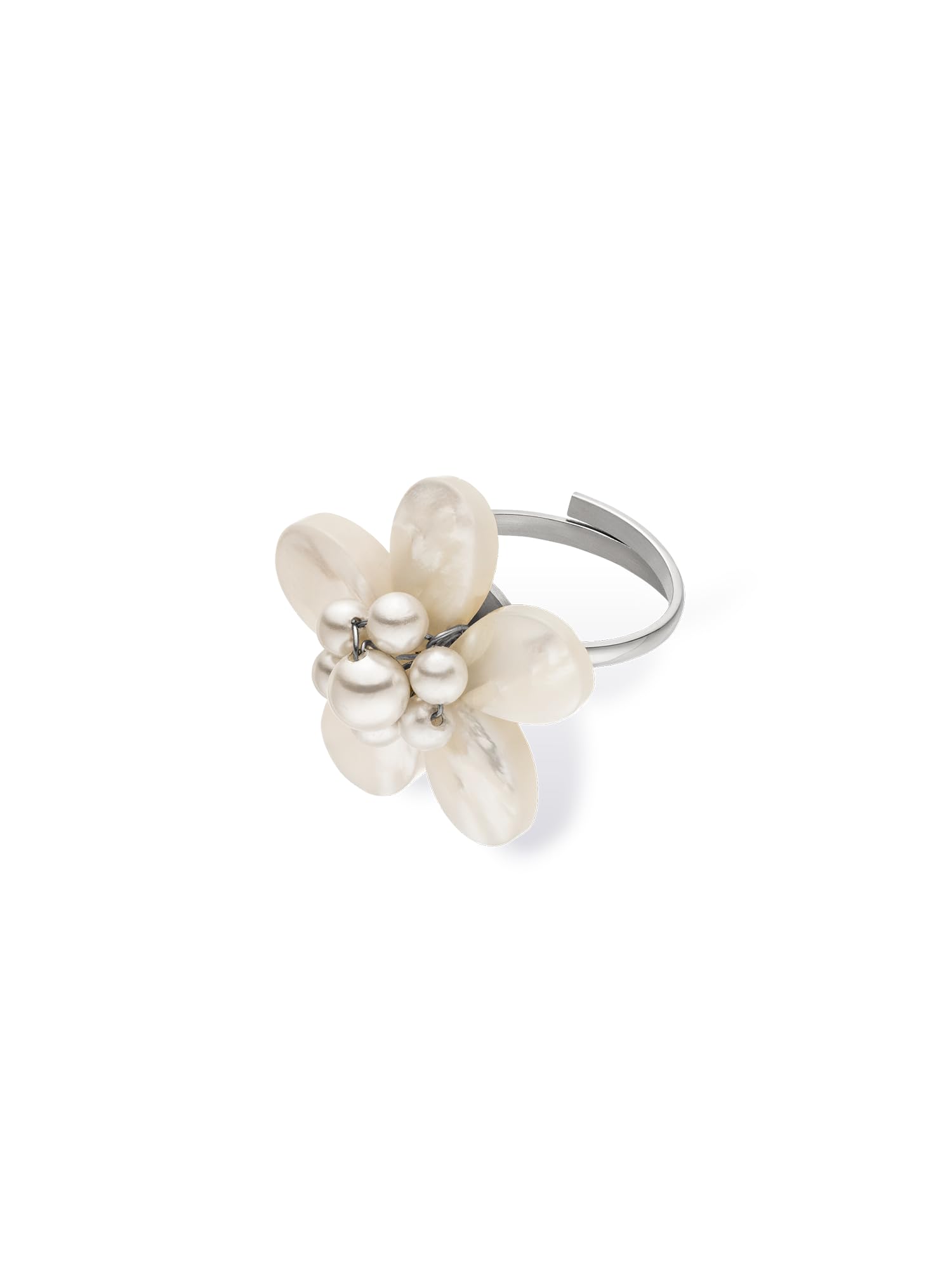 Purelei Pearly Flower Ring für Damen, Edelstahl Ring mit Muschelperlen, floraler Statement Ring mit verstellbarer Ringschiene, in S/M und M/L