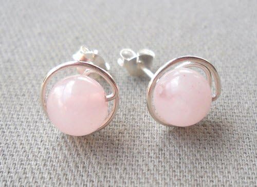 925 Sterling Silver Wire Wrapped Rose Quartz Stud Earrings