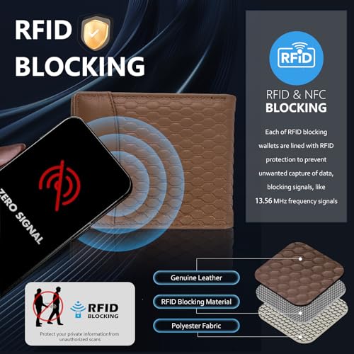 Men's Slim Wallet RFID Blocking Bifold Genuine Leather Holds 6+ Cards & Cash with 1 ID Window Anti-Theft Secure Wallet for Travel & Everyday Use（With Gift Box，Light Brown）4
