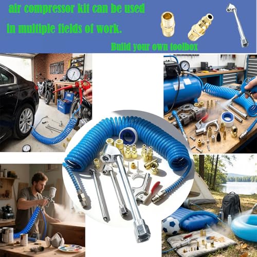 22PCS Air Compressor Accessories Kit, 25FT Hose with Air Blow Gun, Tire Inflator, Tire Gauge, Universal 1/4" NPT Kit for Air Tools
