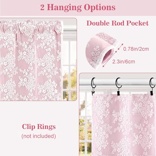 Image of Yinhua Pink Kitchen Curtains 36 Inch Length Double Layer Blackout Cafe Curtains with Floral Sheer Overlay Rod Pocket Short Curtain for Windows, Small Window Curtain for Bathroom, Living Room, 2 Panels