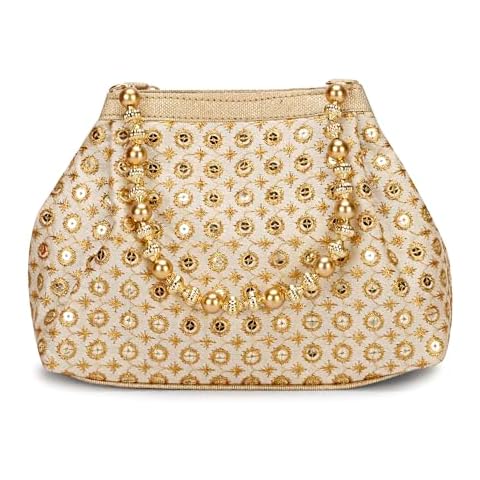 LONGING TO BUY Potli Bags for Women Embroidered Evening Purses with Gold Pearl Handle, Indian Women Potli Bags for Wedding (Golden -Bindi) Cover