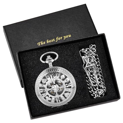 Image of Men's Mechanical Hollow Design Hand Wind Pocket Watch Roman Numerals Steampunk with Chain Box