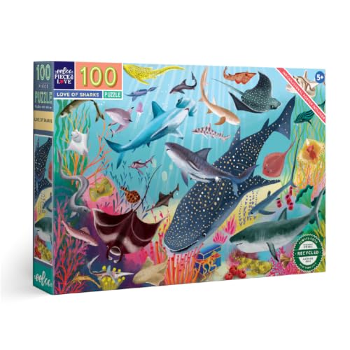 eeBoo Love of Sharks 100 Piece Children's Puzzle, 27" x 18", Ocean Themed