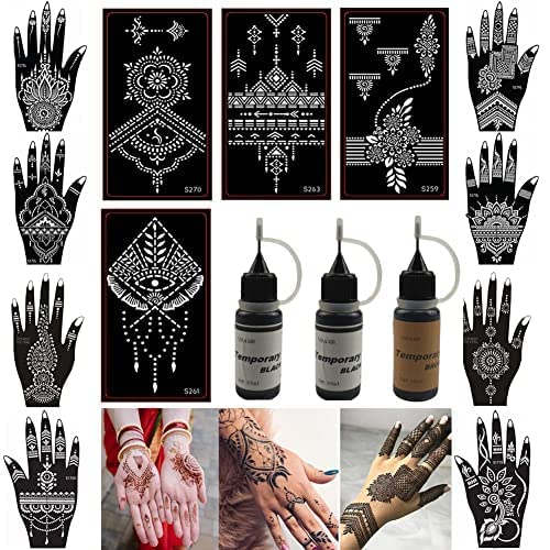 XMASIR12 Sheets Temporary Tattoo Stencil Kit, 3 * 10ml Semi Permanent Tattoo Inks Body Paint DIY Tattoos Temp Fake Tattoo for Women Kids Men (12P+2 blank+1 brown)