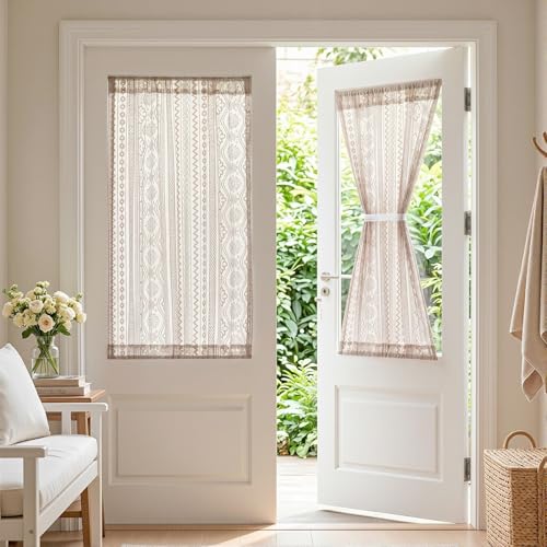 Image of MYSKY HOME Lace French Door Curtains 40 inch Long 2 Panels Boho Sheer Floral Curtains for Door Window Scalloped Doorway Sidelight Curtains Come with 2 Matching Tie-Backs, 26 inch Wide Each Panel, Brown