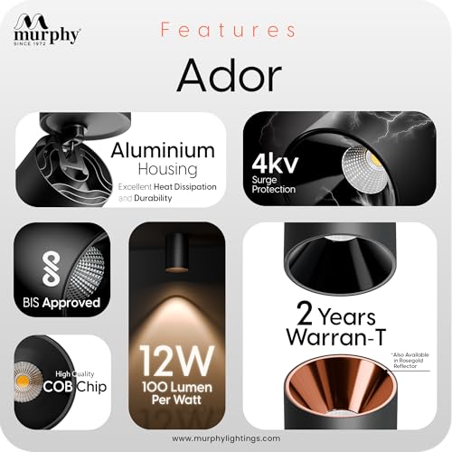 Image of Murphy Aluminium 12W Black Body Reflective Black Finish 360 Degree Adjustable LED Surface COB Light - Wall /Ceiling Mountable : Warm White, Pack of 1