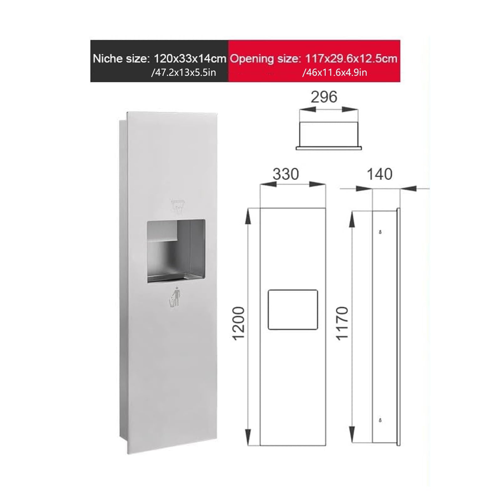 Distributore commerciale di asciugamani di carta, pattumiera a scomparsa in acciaio inox, chiudibile con asciugatrice, per servizi igienici pubblici (argento, 33 x 120 x 14 cm)