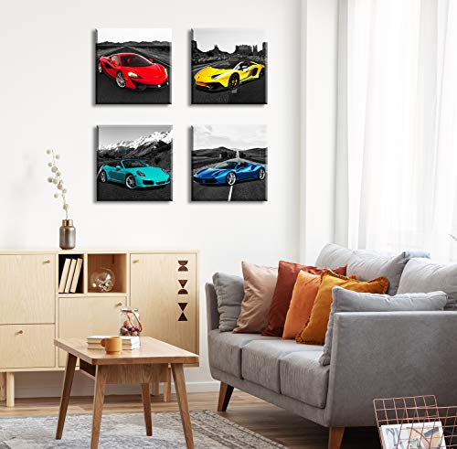 Jiazugo Car Pictures Posters Black And White Wall Decor Art For Teen Boys Room Mens Bedroom Office Canvas Framed Ready To Hang 12" W×12" H×4 Pcs #TOP2