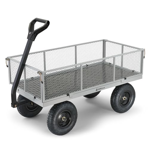 Gorilla Carts Steel Utility Garden Cart, 1,000-Pound Capacity, Gray - Heavy-Duty Outdoor Wagon with Removable Sides, 13-Inch Pneumatic Tires, and Convertible Pull or Tow Handle