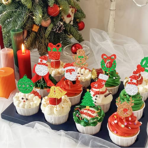 24 Pcs Christmas Cupcake Toppers, Glitter Gold Green Red Cupcake Decorations For Christmas Holiday, Snowman Cupcake Decorations, Santa Claus Party Supplies, Christmas Tree Cake Toppers #TOP2