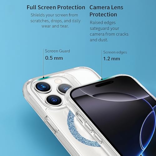 Image of AIBEX Back Cover Case Compatible with iPhone 16 Pro | Glitter Ring Cute Shiny Colorful Bling Case (Compatible with Magsafe) | Transparent PC+TPU Glossy Shiny Cover for Girls & Women - Blue