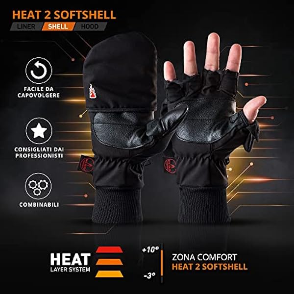 THE HEAT COMPANY - Heat 2 Softshell - guanto senza dita e muffola in uno - qualità premium - guanti invernali caldi e guanti da ciclismo - contro il freddo durante lo sport e il lavoro