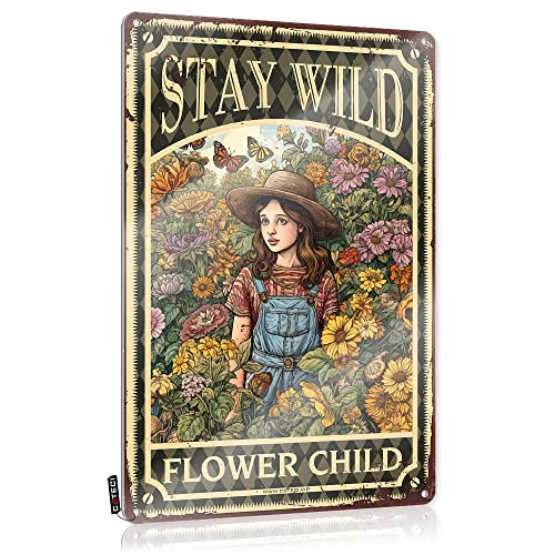 PITFS Coffee Tin Sign Stay Wild Flower Child Tin Sign Fairy Wall Decortrippy Wall Decorbedroom Wall Decordesk Decorations For Women Office Beer Signs For Bar Vintage Bar Decor(20X30CM)