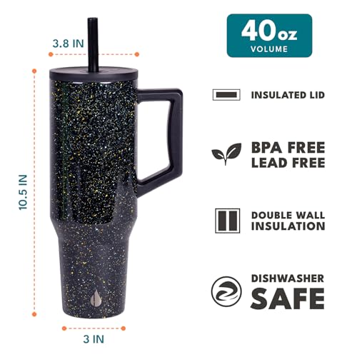 Image of Elemental Spill Proof 40oz Insulated Tumbler with Handle & Straw Travel Mug | Stainless Steel Commuter Travel Coffee Mug for Cold Beverages, Includes 2 Straws & a Spill Proof Lid for Everyday Use