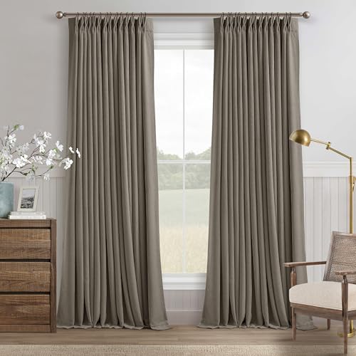 Flax Taupe Pinch Pleated Blackout Curtains 102 Inches Long for Bedroom 100% Black Out Thick Linen Dual Layer Pleated Drapes Farmhouse Country Brownish Gray 102 Inch Curtain for Dining Living Room