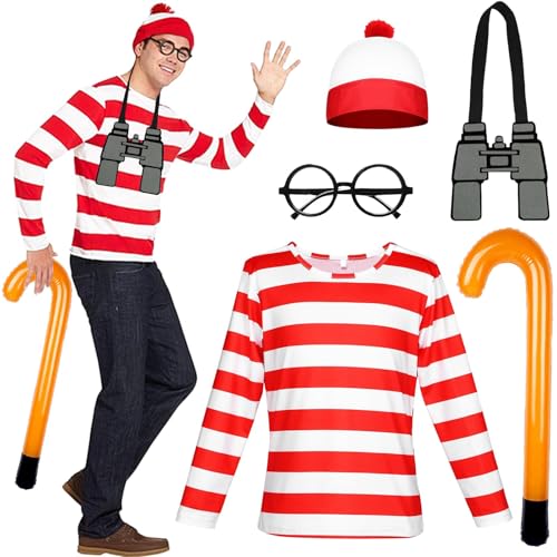 Glirop 5Pcs Wally Costume Outfit Set for Adult Fancy Dress Cosplay Accessories with Red and White Stripe T-Shirt Beanie Hat Frameless Glasses Crutches for World Book Day Halloween Christmas (M)