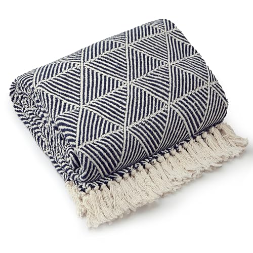 Emma Barclay Throw Blanket For Sofas Bed Extra Large Recycled Cotton Throws For Settees In Navy Throw Scandi Woven Blankets - Zahra Collection 50 x 60 (127cm x 152cm) Navy