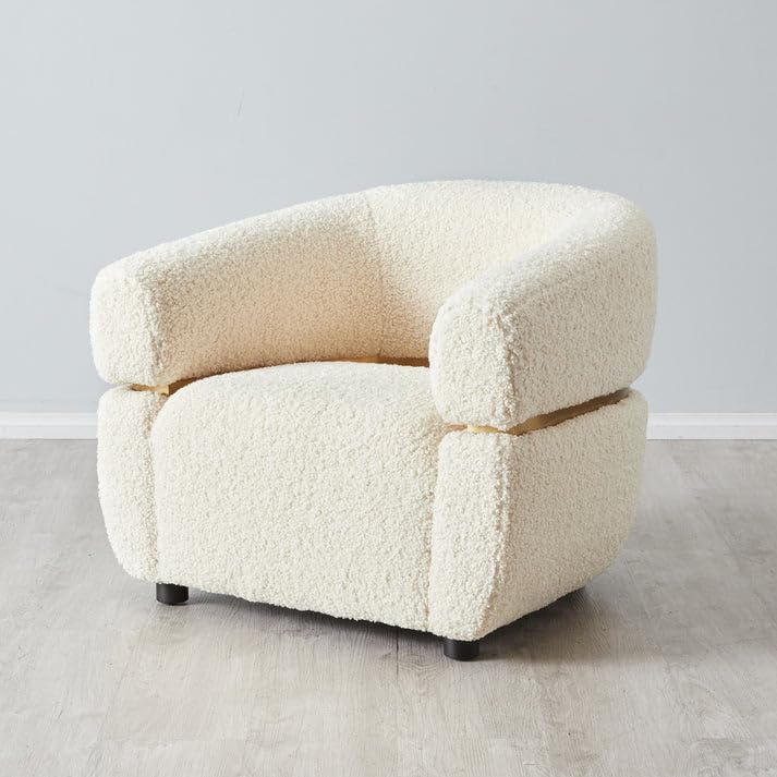 Image of Kingsman Furnitures Krillin Luxury Cream Shearling Tub Arm Chair | Modern Accent Lounge Chair with Gold Stainless Steel Detail, Plush Boucle | Upholstery, Wooden Legs (Cream Boucle)