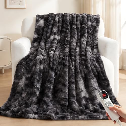 Electric Heated Blanket,50x60 Heating Throw Luxury Soft Faux Fur Dark Grey | ETL Certified 9 Setting Electric Heated Throw Blanket,Machine Washable Auto Off for couch Bed Office, Gifts for Women Grandpa