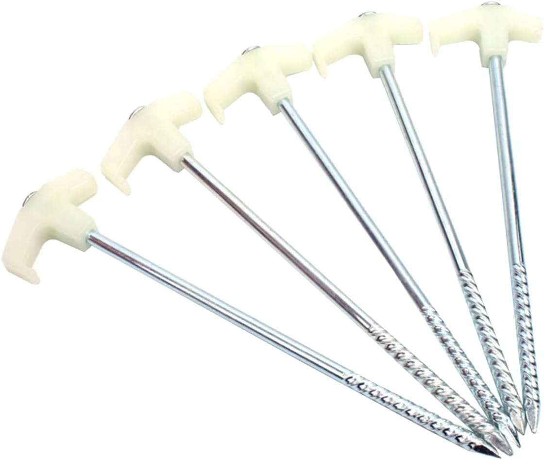 Cabilock 16pcs 25cm White Fluorescent Steel Tent Stakes Spiral Nail Tent Pegs Awning Trip Kit for Outdoor Camping and Hiking Ground Anchors