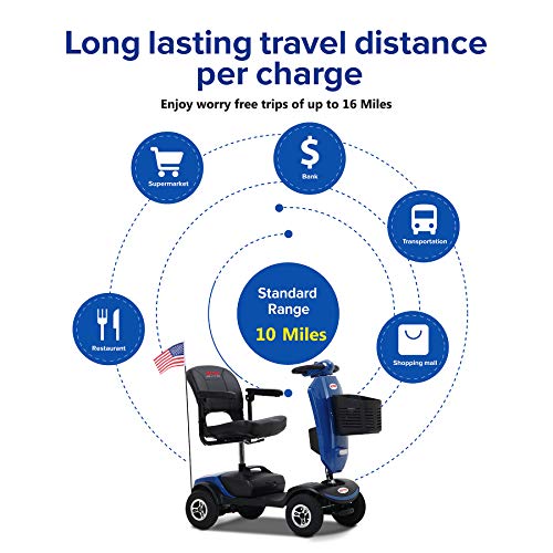 Metro Mobility USA Patriot Compact Travel Electric Power Mobility Scooter for Adults - 265 lbs Max Weight,4 Wheel, 18 in Width Thick Leather Seats, Large Capacity Lead-Acid Battery - Blue