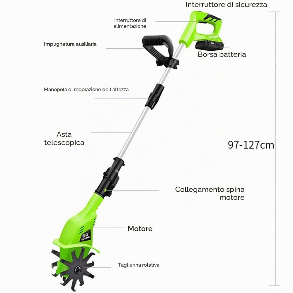 Motozappa per Orto Elettrozappa Batteria Litio 20V 4000 mAh Zappatrice Zappa a Motore Elettrica 2 Lame da 15cm Larghezza Lavoro 10cm velocità 250RPM Manico Ergonomico Coltivazione Giardino