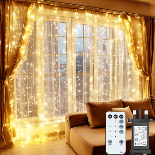 MAGGIFT Christmas Curtain Lights Indoor Outdoor, 252LED 2mx2m Window Fairy Lights, Waterfall Hanging Plug in String Lights with Timer/Remote/8 Modes/Dimmable for Bedroom Wall Party Decor, Warm White