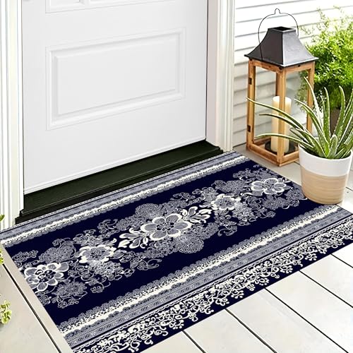 Tapis de salon antidérapant style ethnique bleu profond 60x90 cm - 2