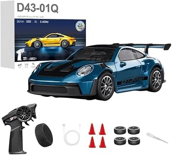 143 Scale RC Drift Car D43-02 2.4GHz Full Proportional 4WD Alloy Racing Car with Gyro, 20KM/H High Speed Adjustable Speed with Silent Bearings & LED Lighting