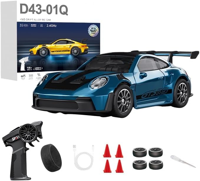 1:43 RC Drift Car 20KM/H with Gyro, 2.4G 4WD Full Proportional Alloy Sport Racing Car, Adjustable Speed, LED Lighting for Teens & Adults-D43-01