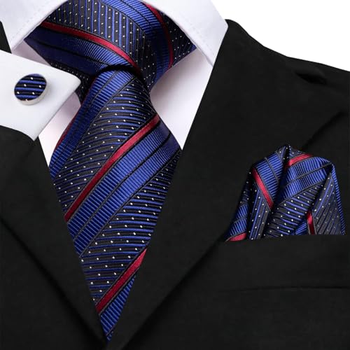 Dubulle Mens Red Blue Striped Tie WOVEN Necktie for Men and Handkerchief Cufflinks Set Wedding Formal Business - Thumbnail 5