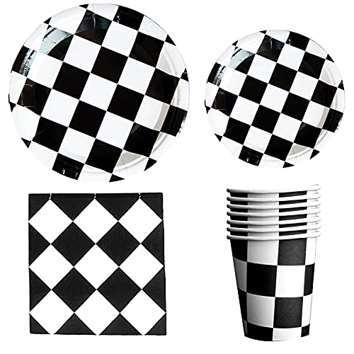 50 PCS Checkered Racing Party Supplies Plates Cups - Racing Car/Dirt Bike/Motocross Themed Party Decorations Supplies Black White Checkered Plates Cups
